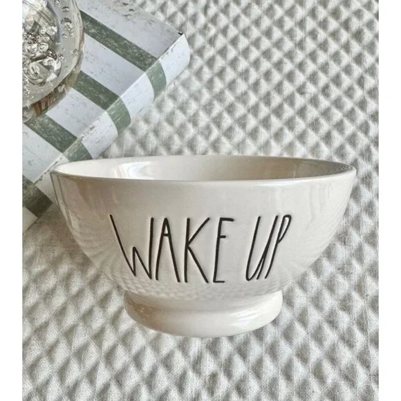 New Rae Dunn Ceramic WAKE UP Large Letter Font Pedestal Footed Cereal Bowl - Picture 2 of 4